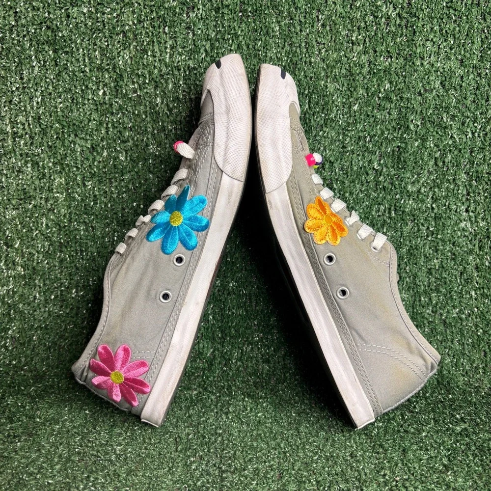 Converse Jack Purcell Floral Embroidered Beaded Hippie Sneakers Grey Womens 10.5